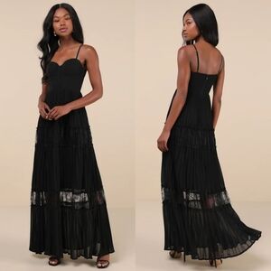 Lulus Stunning RSVP Black Pleated Lace Sleeveless Bustier Maxi Dress Wedding